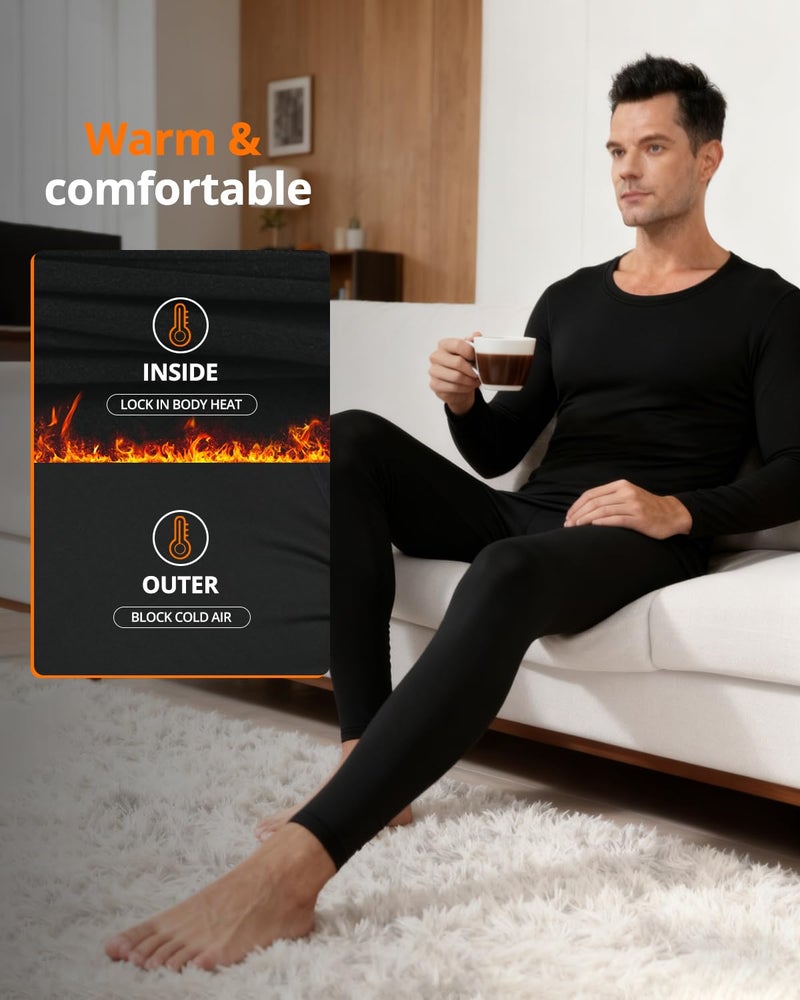 PISIQI Thermal Underwear Men Ultra-Soft Long Johns Set with Fleece Lined Base Layer Winter Skiing Warm Top & Bottom Black - Image 5